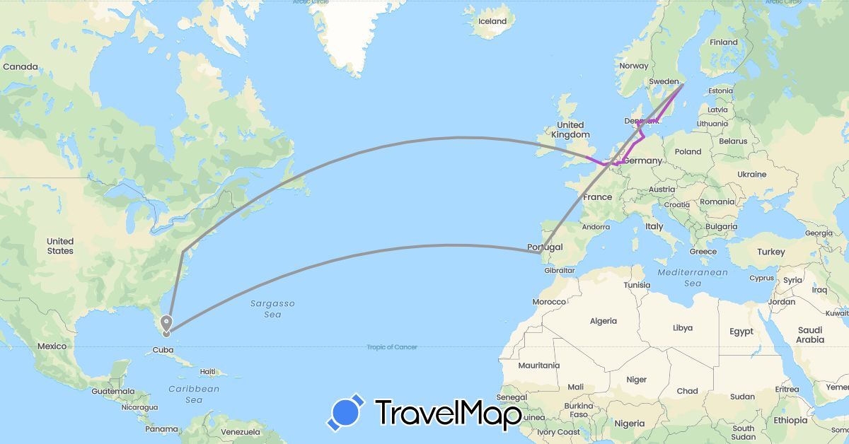 TravelMap itinerary: plane, train in Belgium, Germany, Denmark, France, United Kingdom, Netherlands, Portugal, Sweden, United States (Europe, North America)